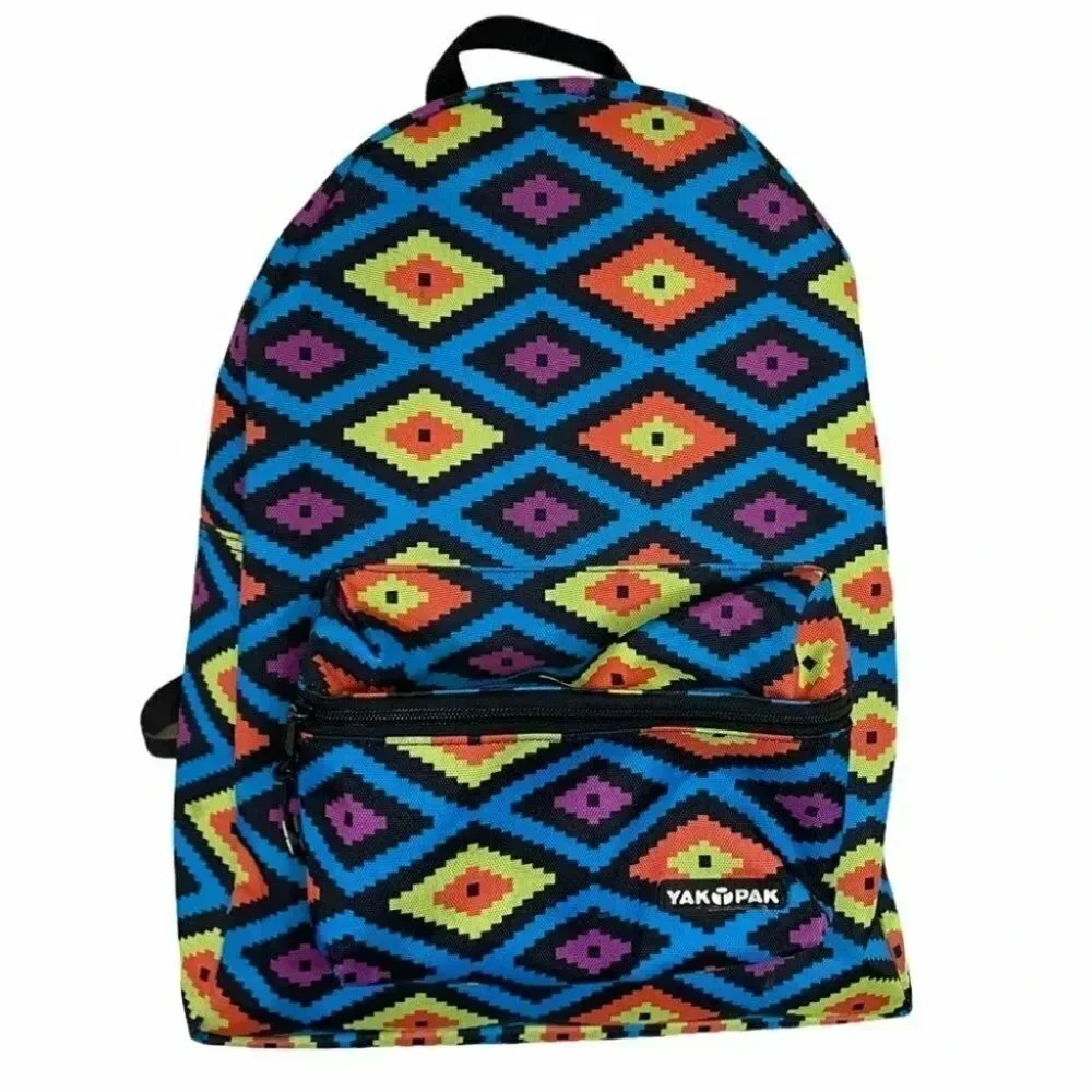 Yak Pak Backpack OS Multicolor Geometric Diamond Aztec Print Retro Festival Bag